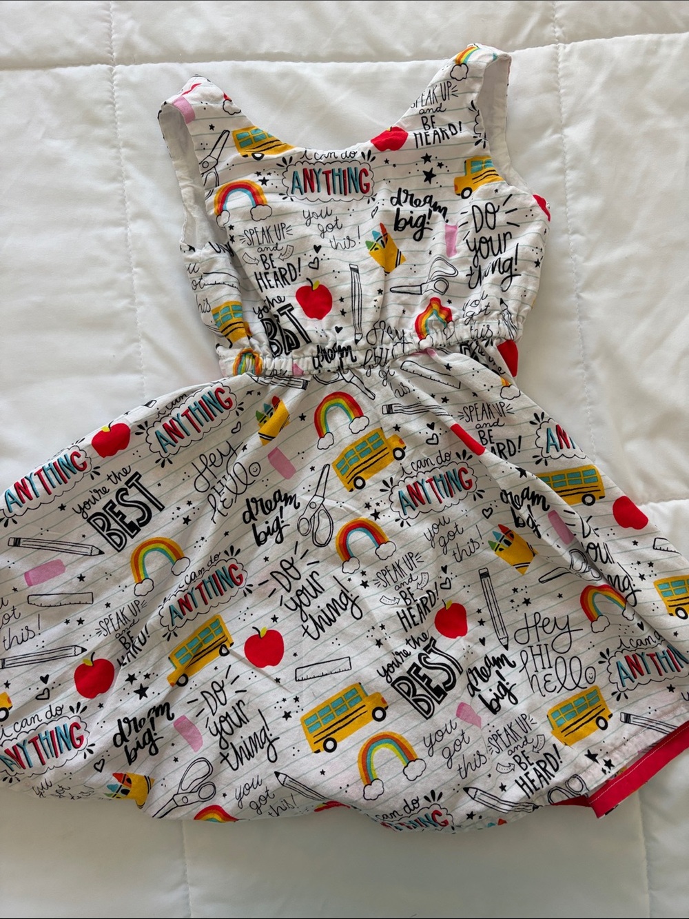 Girls White Multi-Print School-Themed Dress